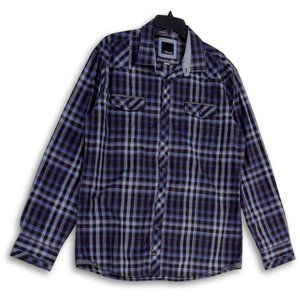 Men’s Blue Black Plaid Long Sleeve Collared Pockets Button-Up Shirt